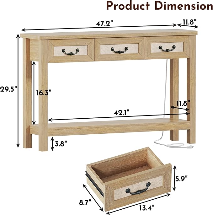 47.2" Console Table with 3 Rattan Drawers, Long Sofa Table with Storage Behind Couch, Modern Entryway Table with Power Outlet & Open Shelf for Entrance/Hallway/Foyer/Living Room, Natural