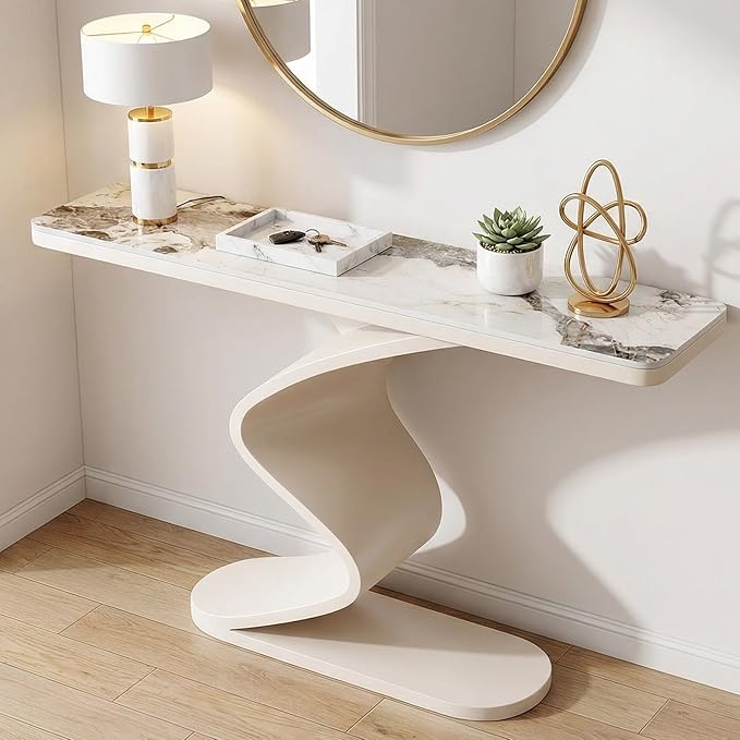 Modern Console Table with Sintered Stone Top, 47" Entryway Table with Sculptural S-Shaped Base Narrow Hallway Sofa Table Behind Couch for Living Room, Accent Furniture(White,47.2"x11.8"x31.5")