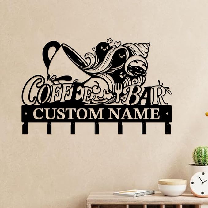 Coffee Bar Keys Holder - Metal Iron Wall Hooks with Custom Name | Personalized Home Decor & Gift Idea | Coffee-Themed Text Engraving Design (Style D)