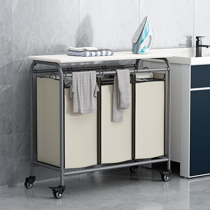 LINZINAR 3 Bag Laundry Basket Sorter Heavy Duty Rolling Lockable Wheels Laundry Hamper Cart with Ironing Board and Removable Bags, Beige