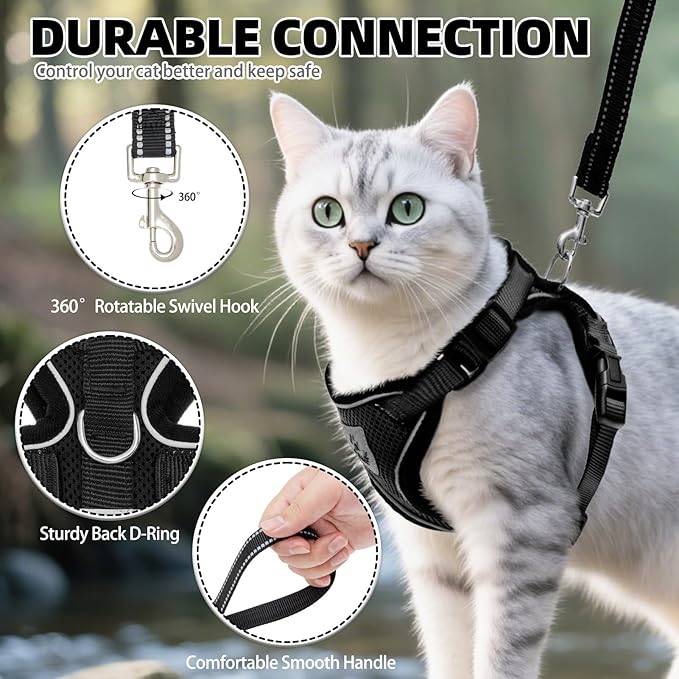PUPTECK Cat Harness and Leash Set Escape Proof Reflective Cat Walking Harness Adjustable Soft Breathable Mesh Vest for Small Pets, Black, S