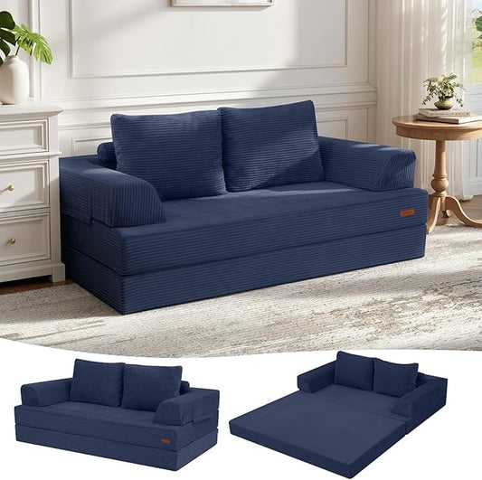COMAX Convertible Sofa Bed, Folding Floor Couch Corduroy Fold Out Couch Bed Futon Sleeper Mattress with Pillows, Boneless Sofa Comfy Lounge Loveseat for Living Room Bedroom, Navy