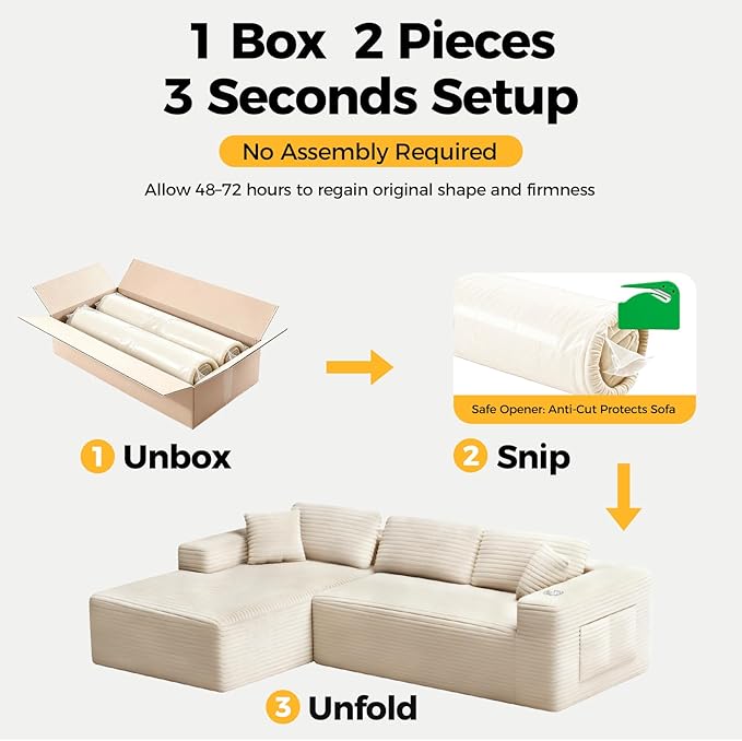 108” Cloud Sectional Couch in One Box, Compressed Modular Sectional Sofa with Deep Seat, Corduroy Boneless Couches, L-Shaped Sofa for Living Room, 4 Storage Pockets(Left Facing Chaise, Beige)