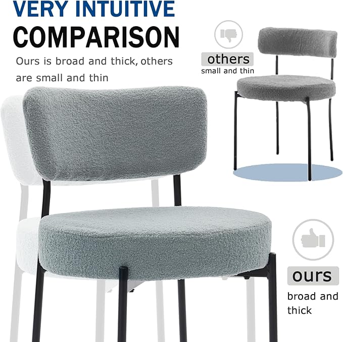 Grey Boucle Dining Chairs Set of 6, Upholstered Dinner Chair with Metal Frame, Dining Room Chairs with Padded Seat, Round Modern Seating for Living Room