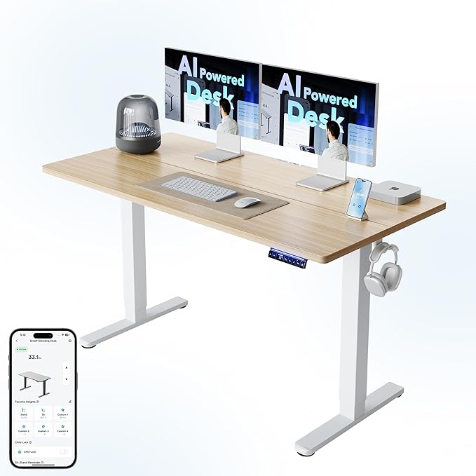 HUANUO AI-Powered Electric Standing Desk with Smart APP, Compatible with Alexa & Google, Adjustable Height, 6 Memory Settings, Sedentary Reminder, Ergonomic Sit-Stand Desk, 55-inch, Light Walnut