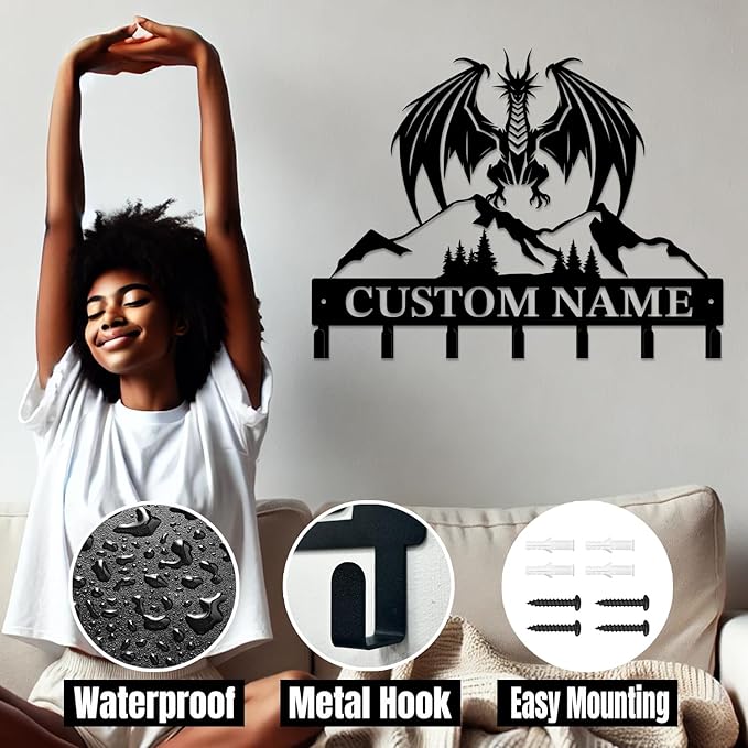 Personalized Evil Dragons Keys Hooks,Custom Name Metal Dragons Art Keys Hooks,Metal Dragons Lover Wall Home Storage Decorative Keys Hooks,Key Holder Hooks for Wall (Style D)