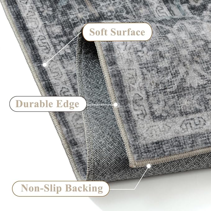 Blue 3x5 Area Rug Non Slip Vintage Office Entryway Rug Distressed Machine Washable Kitchen Carpet Retro Traditional Floral Accent Throw Door Mat for Bedroom Bathroom Dining Living Room