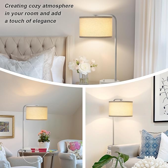 Table Lamp with USB C+A Ports, Fully Dimmable Nightstand Lamp for Living Room, Modern Grey Bedside Lamp, Tall Table Lamp with Beige Shade Minimalist Desk Lamp for Bedroom Office, LED Bulb Included