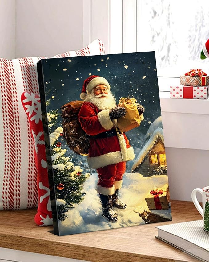 Vintage Santa Claus Christmas Canvas Wall Art - Festive Holiday Painting for Living Room,Bedroom & Bathroom, Cozy Winter Decor Framed Print, Perfect Christmas Gifts & Home Decoration