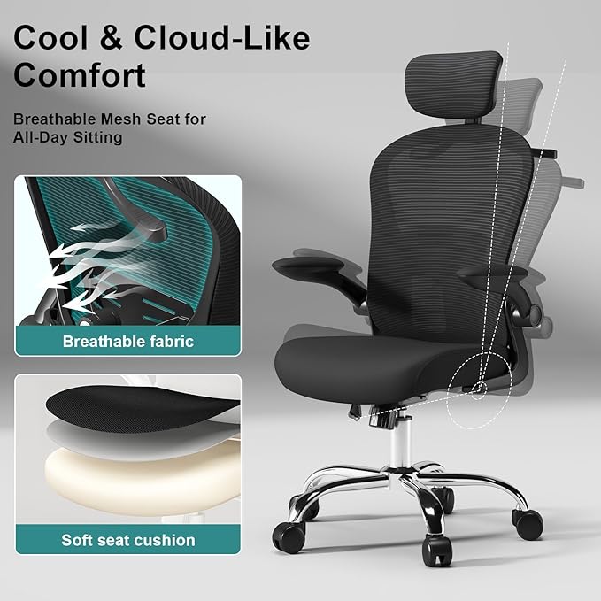 Ergonomic Office Chair High Back with Adjustable Lumbar Support, Mesh Computer Chair with Headrest and Flip-Up Arms for Executive, 90-120° Tilt Lock Swivel Rolling Task Chairs(Black)