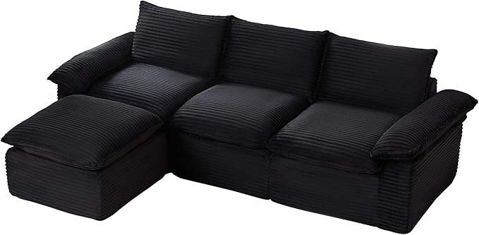 113.03" Sectional Couches for Living Room Modern Modular Sofa with L-Shape Couchs Upholstered Corduroy Boneless Couch Deep Seat Cloud Couch with Ottoman, No Assembly Required, Black