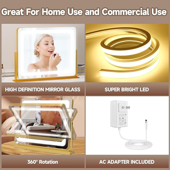 PRIMETEK Vanity Mirror with Lights, 22"x19" Large Makeup Mirror with Lights, Hollywood LED Lighted Makeup Mirror, Touch Sensor with 3-Color Lighting, Dimmable for Vanity Desk Tabletop, Bedroom, Gold