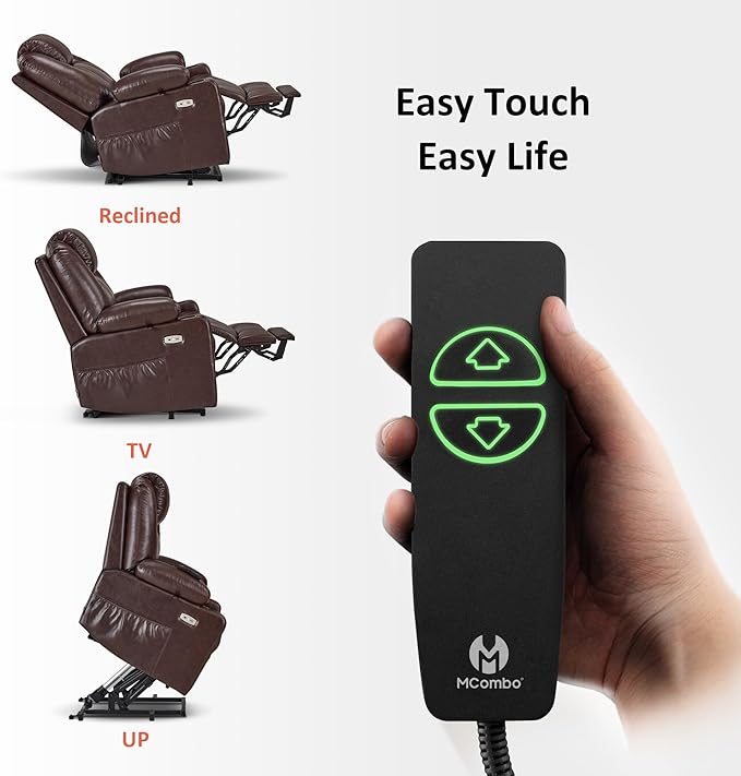 MCombo Large Power Lift Recliner Chair with Massage and Heat for Tall Elderly People, 3 Positions, Cup Holders, and USB Ports, Faux Leather 7516 (Large, Dark Brown)