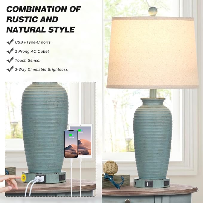 25" Farmhouse Jar Table Lamps Set of 2, 3 Way Touch Control Rustic Bedside Lamps with USB A+C Ports & AC Outlet, Pot Nightstand Lamps for Bedroom Living Room (LED Bulbs Included)