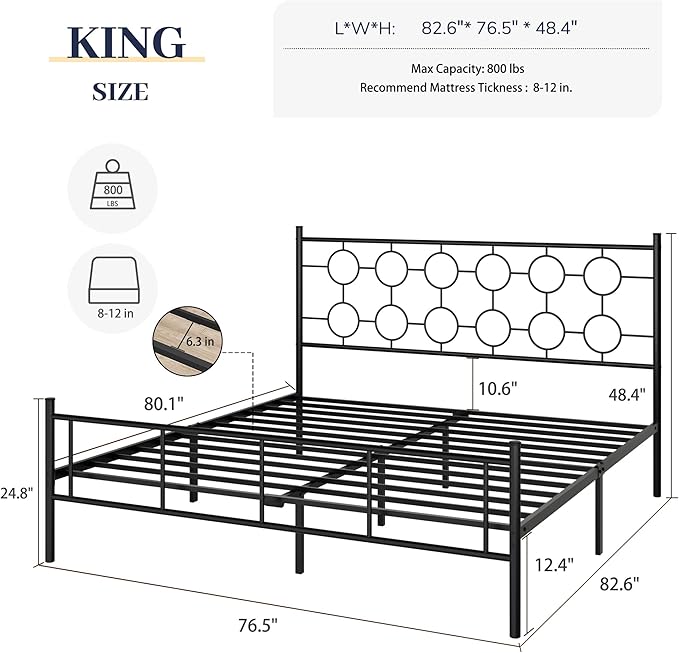 King Size Classic Metal Platform Bed Frame with Headboard and Footboard, Victorian Style Iron Bedframe with 12 inch of Storage Under Frame, Slat Support, No Springs Required, Easy to Assemble (Black)