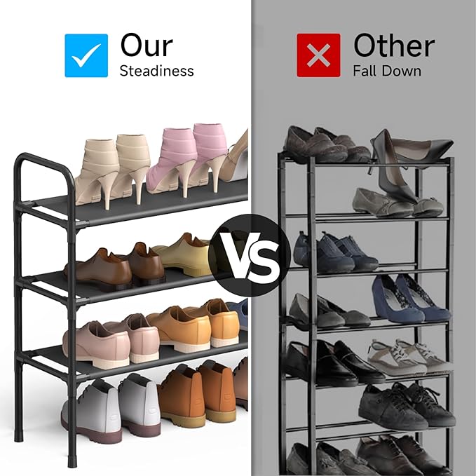 3 Tier Shoe Rack, Shoe Organizer for 18 Pairs of Shoes, Black Non-Woven Fabric Shoe Storage Shelf for Closet, Entryway, Garage, Corridor, Long Shoe Shelves