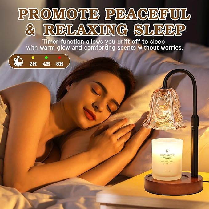 Small Candle Warmer Lamp with Timer, Adjustable Flower Lamp Warmer for Jar Candles, Unique Women Gifts for Birthday, Dimmable Candle Heater, Christmas Gifts, Cute Wax Warming Light with Wood Base