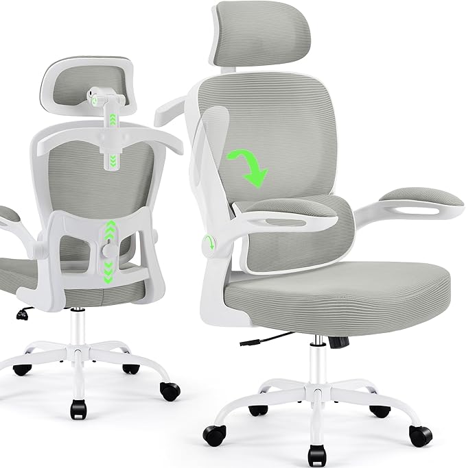 Office Chair Ergonomic Desk Chairs with Adjustable Lumbar Support& Headrest Hanger, High Back Breathable Mesh Chair with Wheels, Rolling Swivel Comfy Task Computer Chair for Home Work Gaming