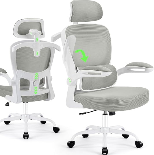 Office Chair Ergonomic Desk Chairs with Adjustable Lumbar Support& Headrest Hanger, High Back Breathable Mesh Chair with Wheels, Rolling Swivel Comfy Task Computer Chair for Home Work Gaming