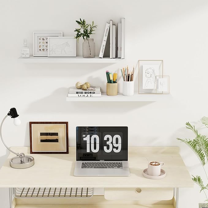 Fun Memories Floating Shelves for Wall, 27.5" Rustic Wood Deep Wall Mounted Shelves with Invisible Brackets for Decor & Storage, Floating Shelf for Living Room, Bathroom (White, Set of 2)