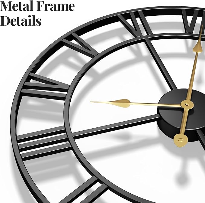 Cuspin 24 Inch Wall Clock Black, Large Decorative Wall Clocks for Living Room, Modern Metal Round Clocks Battery-Operated Completely Silent Non Ticking Roman Number