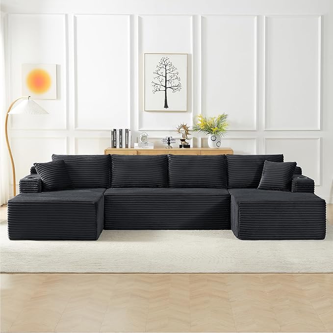 134 Inch Cloud Sectional Couch for Living Room,Corduroy Boneless Couches with Cup Holder,Modern Modular Sectional Sofa with Deep Seat,No Assembly Required (Dark Gray, U-Shaped Sofa)