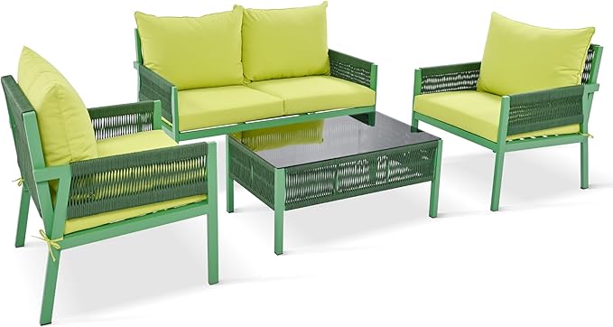 4-Piece Rope Outdoor Furniture Set, Patio Conversation Set with Tempered Glass Table, Rope-Woven Furniture Set with Deep Seat Design for Backyards, Balconies, Fluorescent Yellow & Green