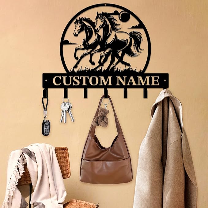 Personalized Custom Name Farm Horse Wall Key Hooks,Metal Horse Art Clothes Hooks,Metal Horse Wall Home Storage Decorative,For Front Door, Hallway, Kitchen, Bedroom,Keys,Hats (Style M)