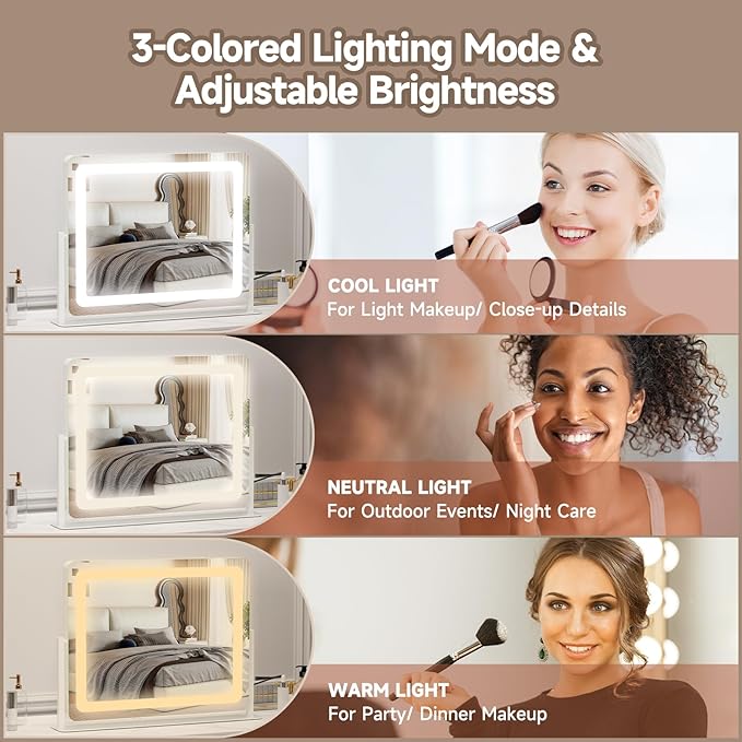 PRIMETEK Vanity Mirror with Lights, 22"x19" Large Makeup Mirror with Lights, Hollywood LED Lighted Makeup Mirror, Touch Sensor with 3-Color Lighting, Dimmable for Vanity Desk Tabletop, Bedroom, White