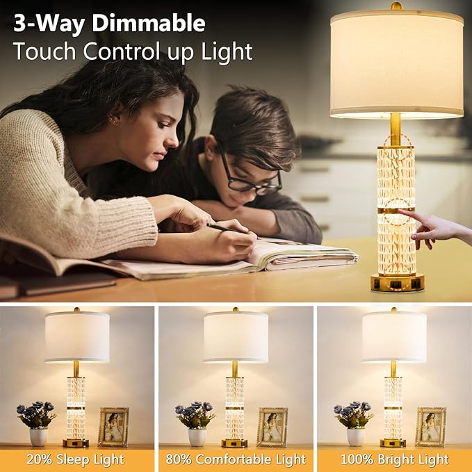 Crystal Table Lamps Modern 3-Way Dimmable Bedside Lamp with 2 USB Ports & AC Outlets for Living Room Bedroom Nightstand Lamp Night Light