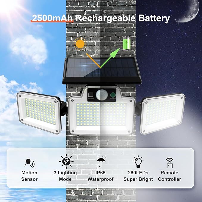 280 LED Solar Flood Security Lights, Solar Outside Lights with Remote Control, Motion Sensor Lights Outdoor, Waterproof for Porch, Patio, Yard, Garage, 2 Pack