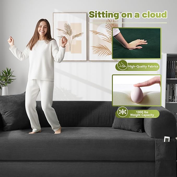 Convertible Folding Sofa Bed,80" Pull Out Couch with Pillows & Storage Pocket,Modular Futon Bed Corduroy Queen Sleeper Sofa in a Box,Compression Boneless Couch for Living Room,Deep Gray