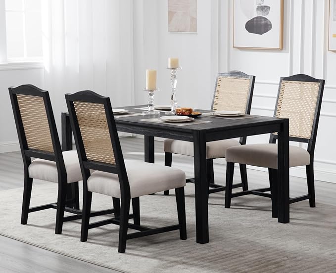 EALSON Mid Century Modern Dining Chairs Set of 4 Linen Upholstered Dining Room Chairs with Cane Back Black Wood Frame Side Chairs for Dining Room, Beige