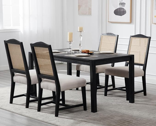 EALSON Mid Century Modern Dining Chairs Set of 4 Linen Upholstered Dining Room Chairs with Cane Back Black Wood Frame Side Chairs for Dining Room, Beige