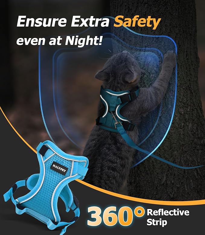 Halypet Cat Harness and Leash Set [MAX Safety 4th-Gen Upgrade] Escape Proof Adjustable Cat Leash Comfortable Soft Vest Easy to Wear Kitten Harness with Reflective Strip for Cats Walking, M SkyBlue