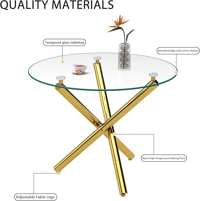 36" Round Glass Dining Room Table for 4 with Tempered Glass Top and Gold Chrome Metal Tube Legs, Modern Clear Kitchen and Dinner Table for Home Office Dining Room
