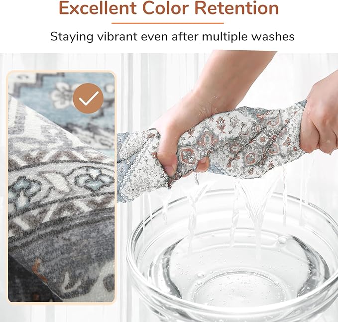 OPPODREAM Thin Area Rugs 9x12 Living Room, Washable Rugs 9x12 with Non Slip Backing, Faux Cashmere Low-Pile 9 x 12 Carpet, Grey & Teal & Yellow