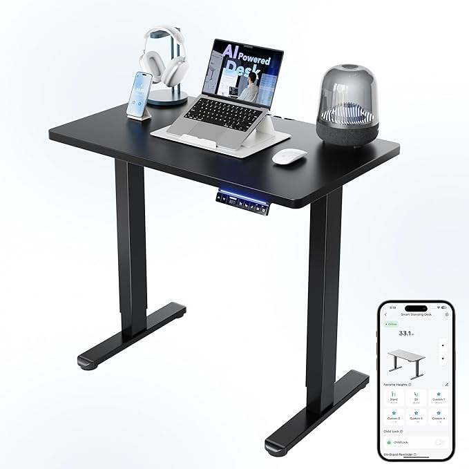 HUANUO One-Piece AI-Powered Electric Standing Desk, Smart APP, Compatible with Alexa & Google, Adjustable Height, 6 Memory Settings, Sedentary Reminder, Ergonomic Sit-Stand Desk, 32-inch, Black