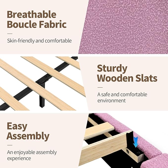 BarnFurin Full Size Bed Frame with Headboard, Boucle Upholstered Platform Bed Frame, Modern Style, Soft Rounded Corners, No Box Spring Required, Easy Assembly, Rose Pink