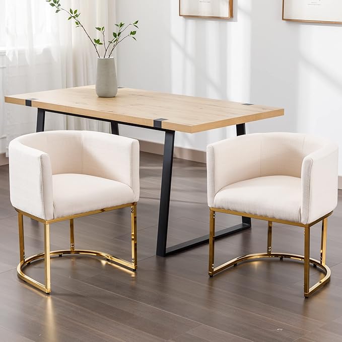 Linen Fabric Dining Chairs Set of 8 Modern Barrel Arm Chairs with Golden Frame, Upholstered Kitchen Chairs 18.5" Wide Accent Chairs for Living Room Dining Room Restaurant, Cream