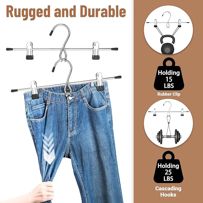 Pants Hangers Space Saving,Stackable Skirt Hangers with Clips, Hanging Closet Organizer and Storage,Clothes Hangers, College Dorm Essentials Apartment Essentials- 8 Pack