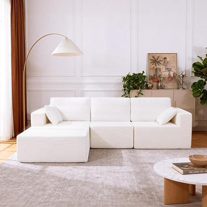 108” Modular Sectional Sofa Couch with Ottoman, 3-Seater Boneless Couch, L Shape Sectional Sofa Compressed Sofa for Living Room Bedroom, No Assembly Needed (White, 3 Seats+1 Ottoman)