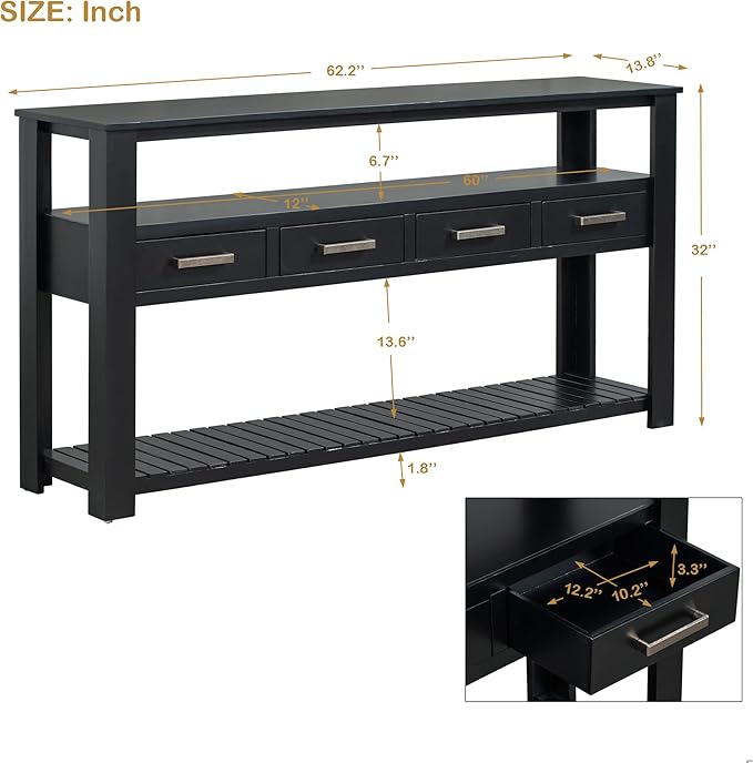 Modern Console Table 62-Inch Long Narrow Entry Sofa Table with Storage Shelves & Drawers for Living Room Entryway (Black)
