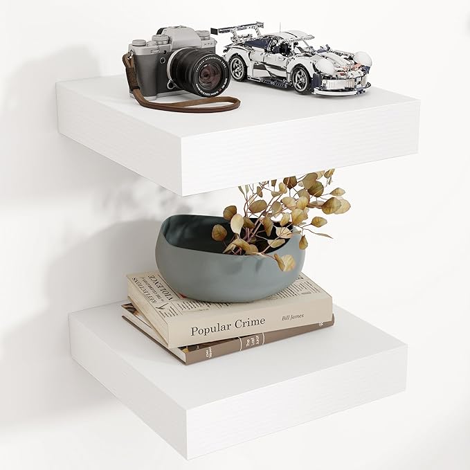 Square Floating Shelves for Wall, 12" W x 12" D x 2" H, 2 Pack of Small Wall Mounted Engineered Wood Shelves with Invisible Brackets for Living Room, Bedroom, Bathroom, Kitchen Decor, White