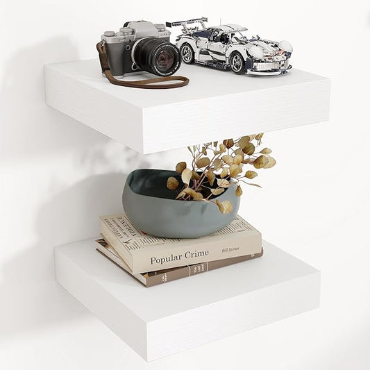 Square Floating Shelves for Wall, 12" W x 12" D x 2" H, 2 Pack of Small Wall Mounted Engineered Wood Shelves with Invisible Brackets for Living Room, Bedroom, Bathroom, Kitchen Decor, White