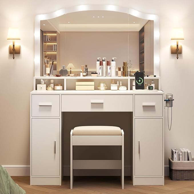 White Makeup Vanity Desk with LED Lights and Stool, Complete Dressing Table with 3 Drawers, 2 Cabinets & Long Shelf, Storage Organizer for Bedroom, Women and Girls