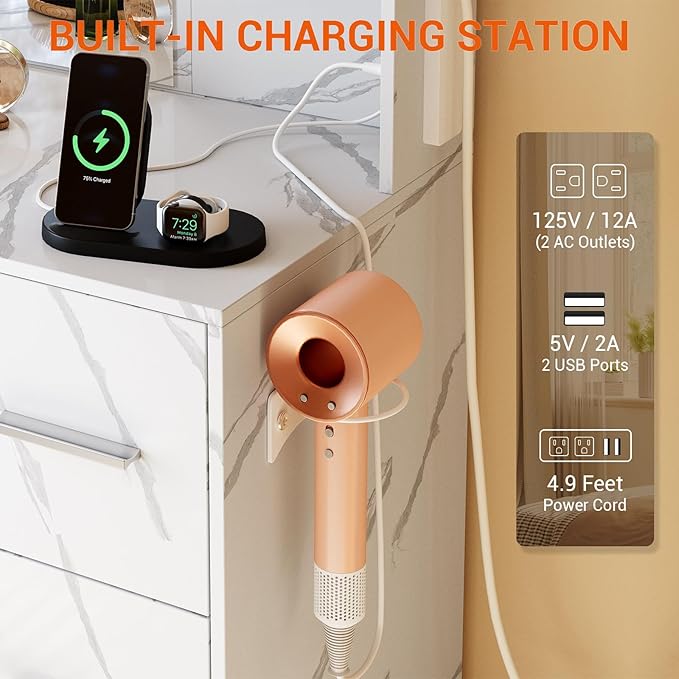 Hetoy Vanity Desk with Mirror and Lights - Makeup Vanity Desk with Chair - Dressing Table with 7 Drawers and Hair Dryer Rack for Bedroom