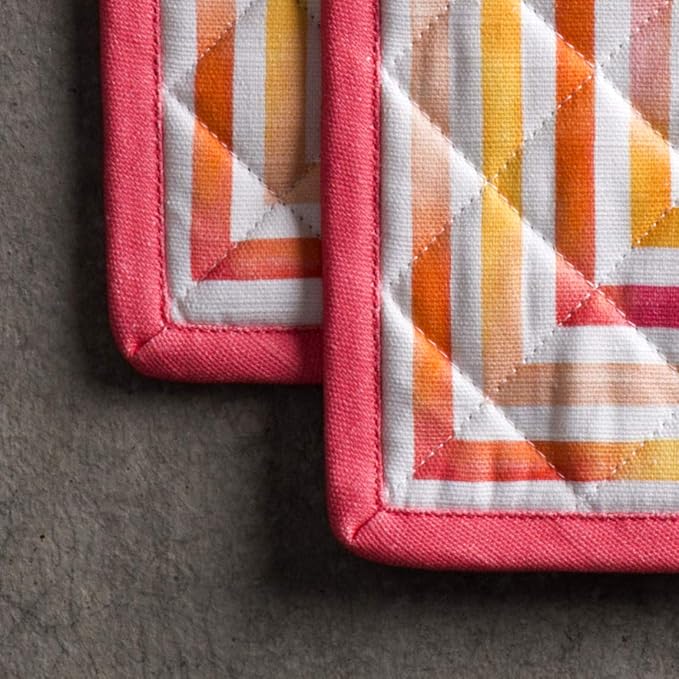 Maison d' Hermine Pot Holders Set 100% Cotton Heat Resistant Potholders 8" x 8" Hot Pads with Loop BBQ, Cooking, Baking, Grilling, Kitchen, Handling Hot Pans Spring/Summer (Pack of 2, Summer Maze)