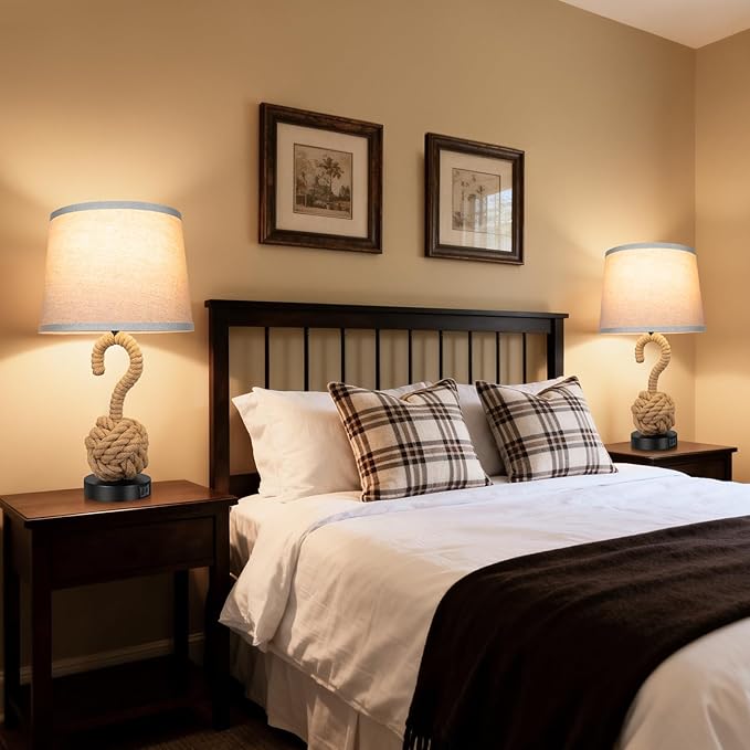 2-Pack 22" Rope Lamps for Night Stands, Boho Table Lamps for Living Room Bedroom Guest Room, 3-Color Temperatures Rattan Lamp with Rotary Switch, Bedside Lamp with USB Ports, 2 Bulbs Included