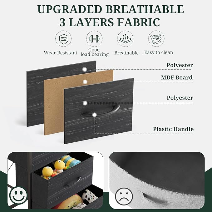 Nightstand, 4 Drawer Dresser End Table Bedside Furniture with Wooden Top Steel Frame Fabric Bins for Bedroom, Closet, Entryway, Dorm, Living Room, Charcoal Black